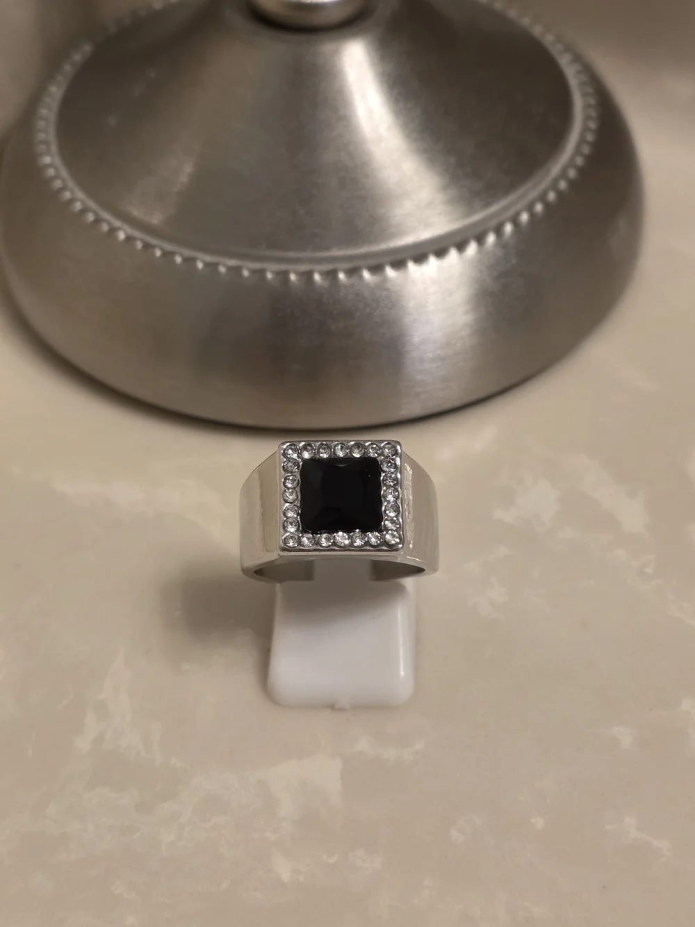 Men's Silver CZ and Onyx Statement Ring Size 8